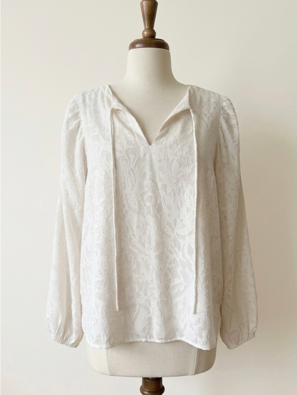 LOFT Cream Textured V-Neck Tie Long Sleeve Blouse